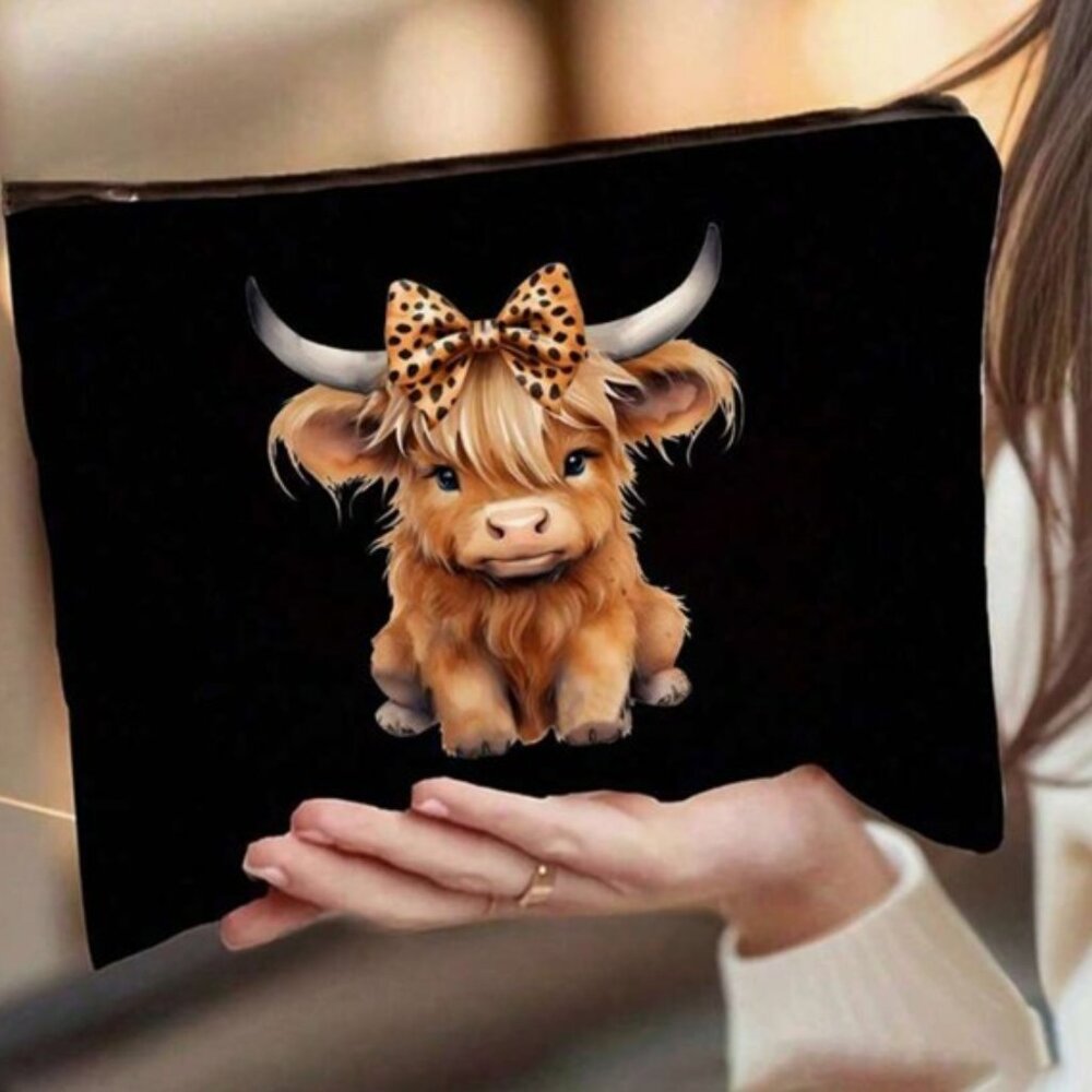 Cutest Girly Highland Cow Black Canvas Cosmetic Bag BRAND-NEW &‎ ADORABLE!